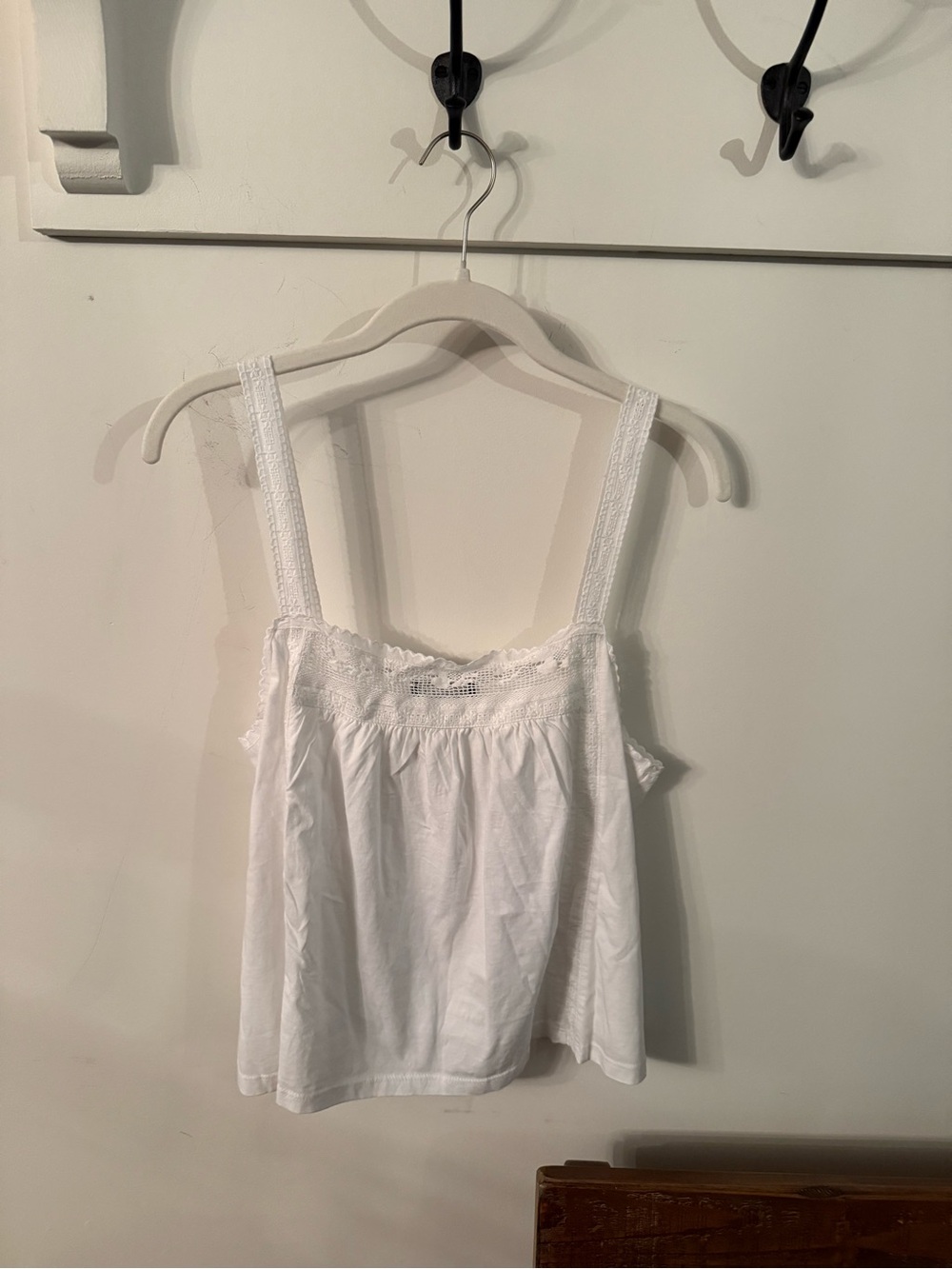 J Crew White Lace trim tank top in broken in jersey